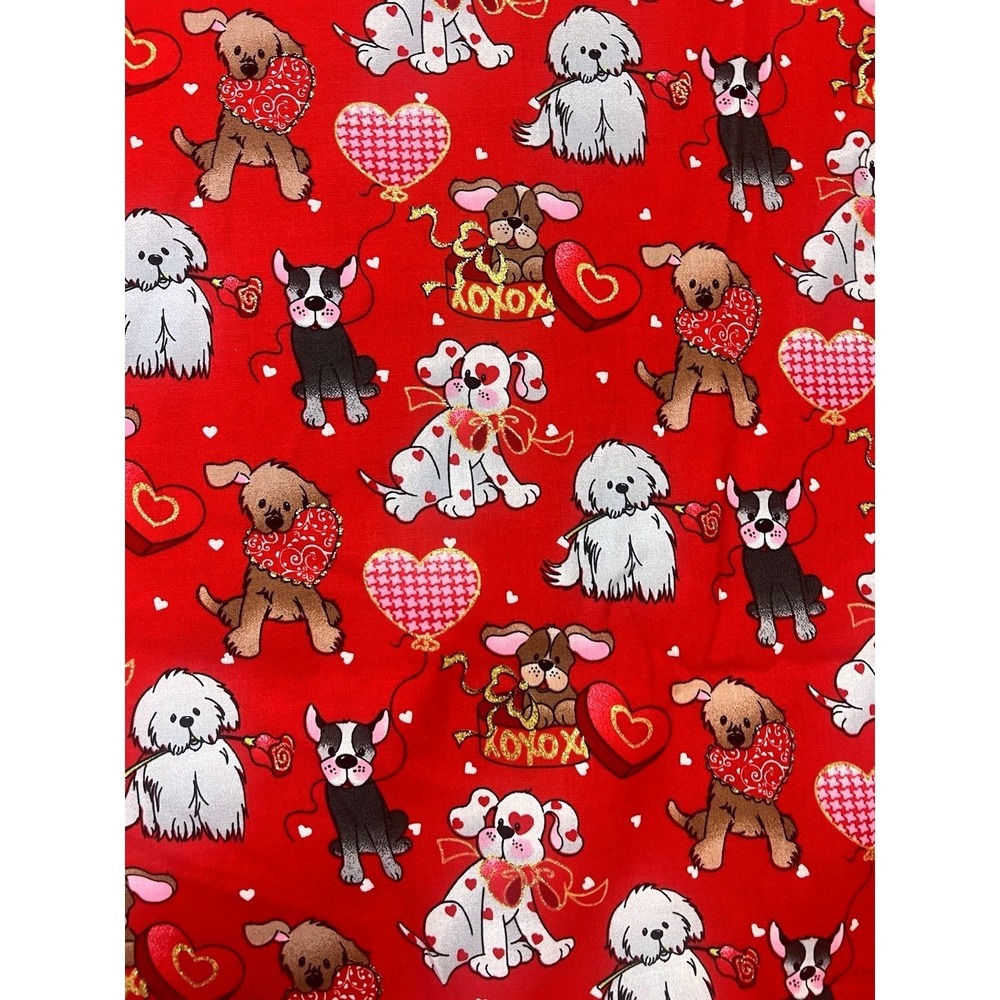 Valentine Love Pups on Red Quilting Fabric by Patti Reed, Dogs with Gold Accents